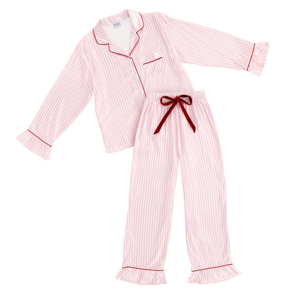 Ruffle PJ Set With Velvet Tie - Pink Stripe: 100% Polyester / Large