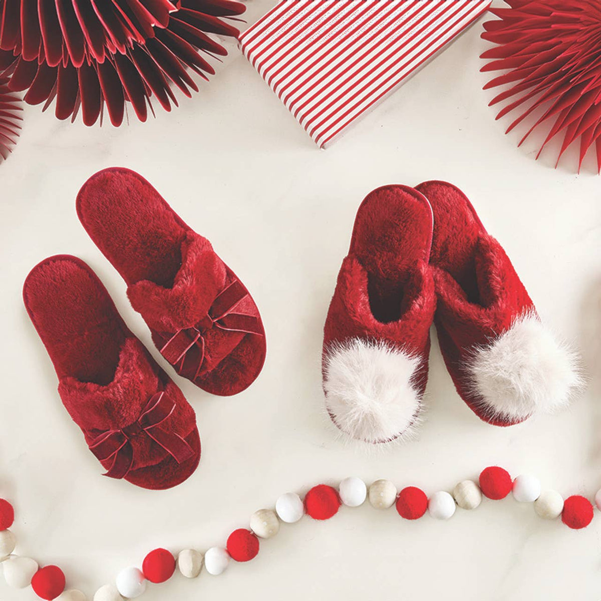 Plush Velvet Bow Slippers - Burgundy + Burgundy Velvet Bow: 100% Polyester / Size (7-8)