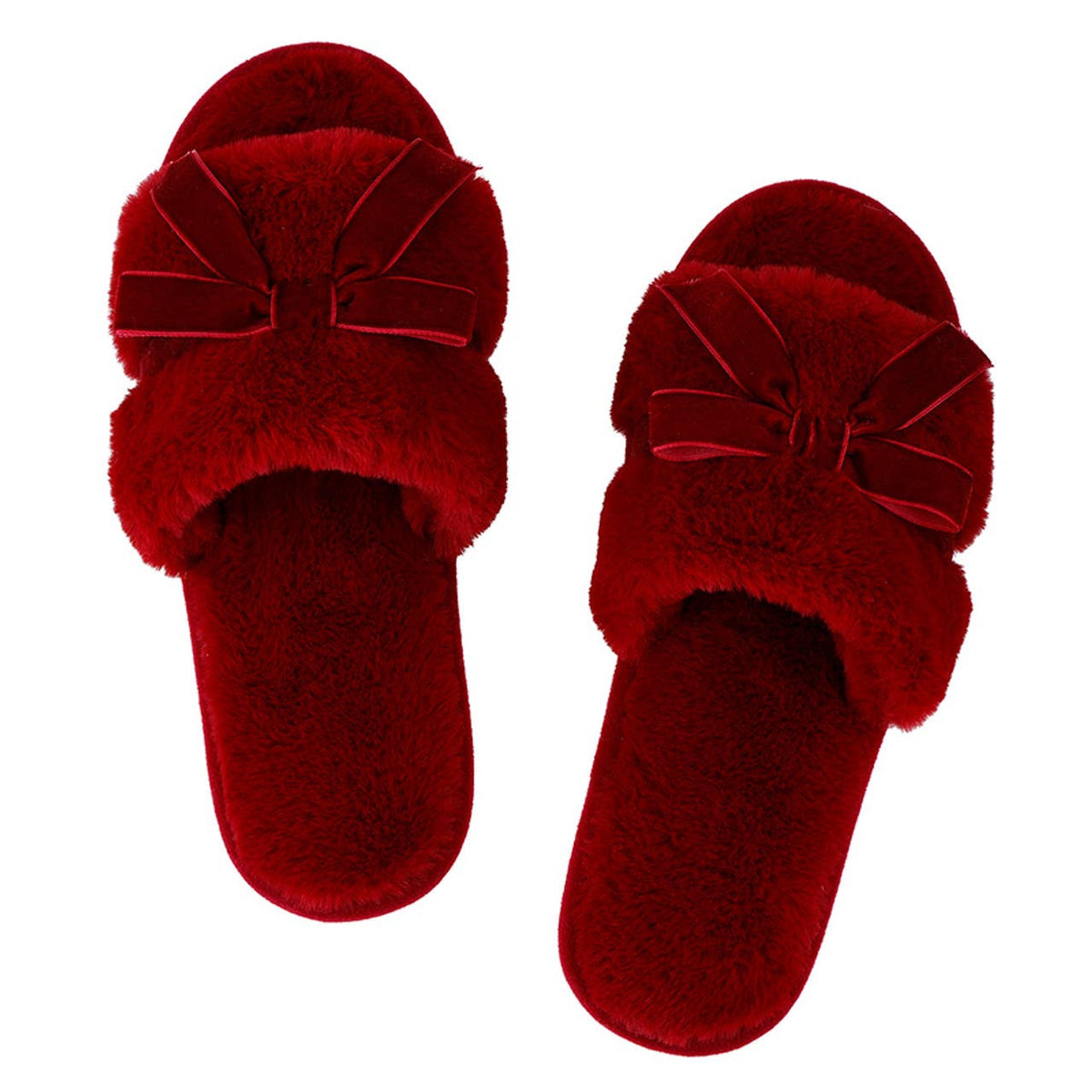 Plush Velvet Bow Slippers - Burgundy + Burgundy Velvet Bow: 100% Polyester / Size (7-8)