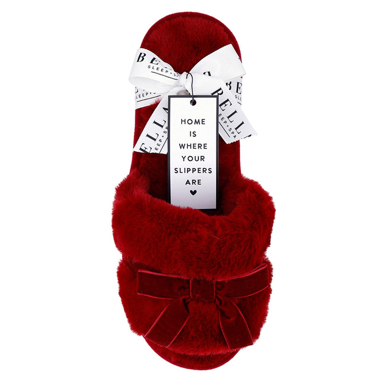 Plush Velvet Bow Slippers - Burgundy + Burgundy Velvet Bow: 100% Polyester / Size (7-8)