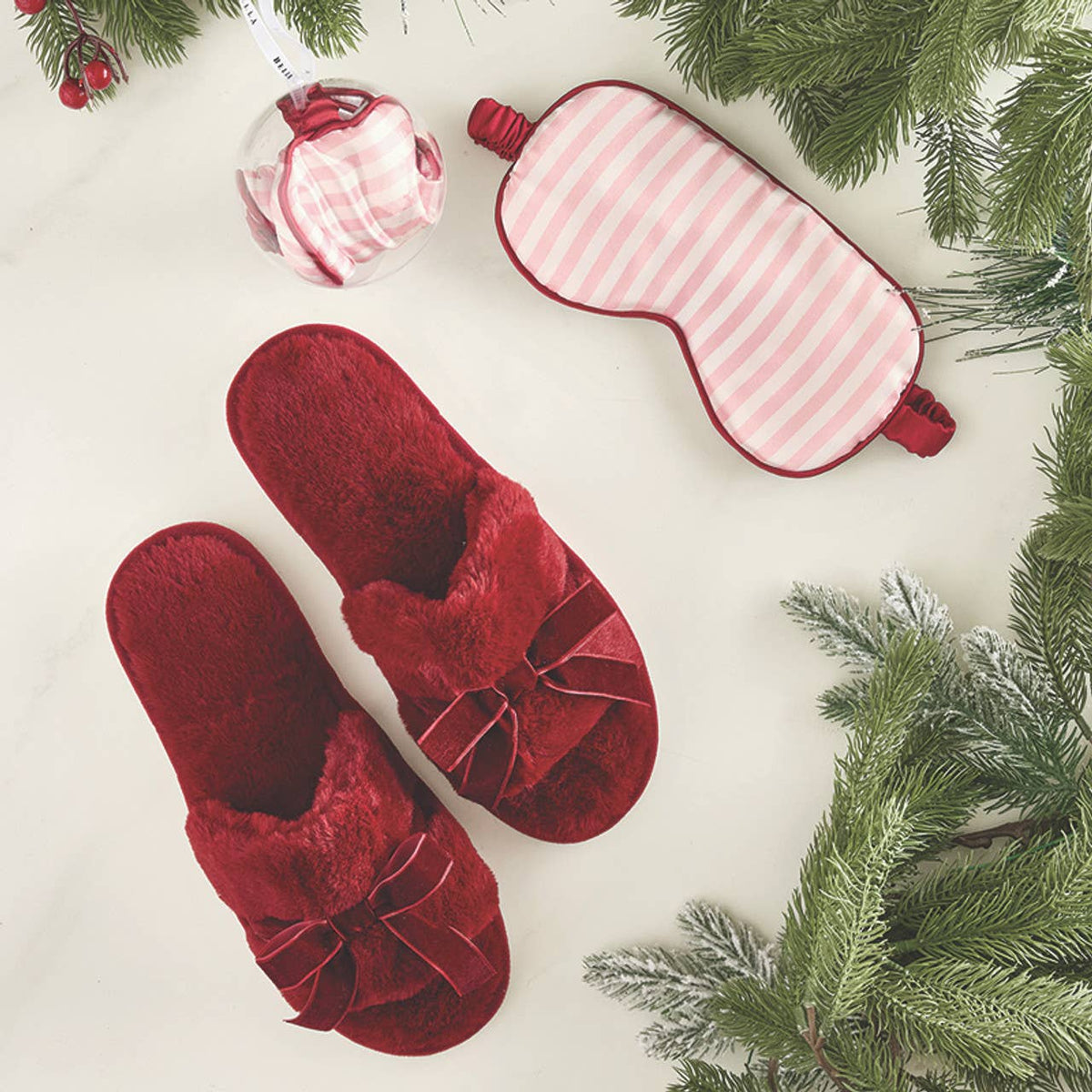 Sleep Mask in Ornament - Light Pink Stripe + Burgundy Trim: 100% Polyester / One Size Fits Most