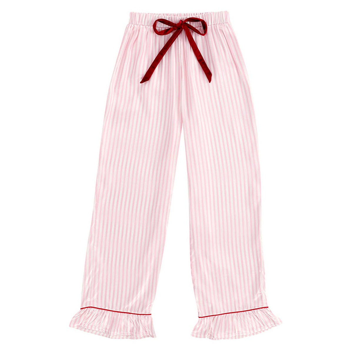 Ruffle PJ Set With Velvet Tie - Pink Stripe: 100% Polyester / Large